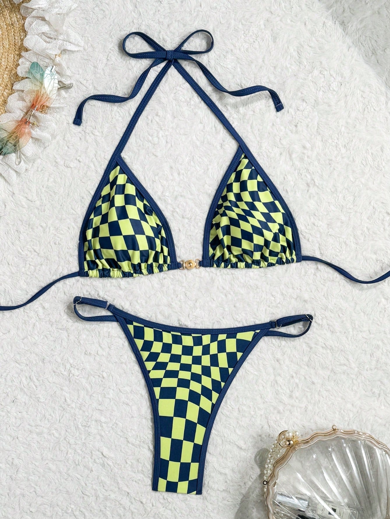 Women's Fashionable Sexy Spaghetti Strap Swimwear Set, Plaid Print Bikini, Elega