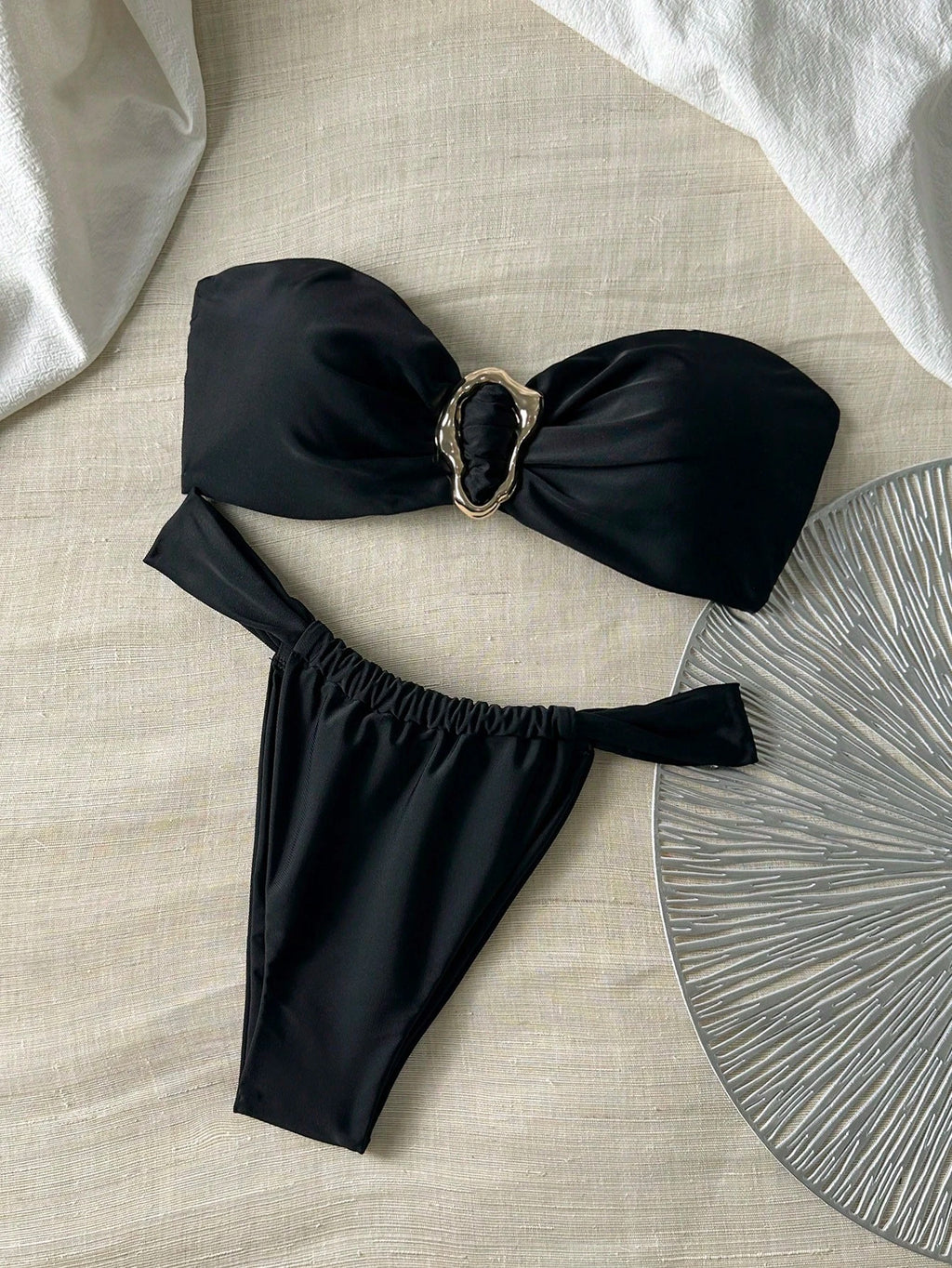 Swim Chiccia Women's Summer Solid Color Bandeau Metallic Accent & Thong Bikini Swimwear Set, Sexy