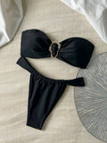 Swim Chiccia Women's Summer Solid Color Bandeau Metallic Accent & Thong Bikini Swimwear Set, Sexy