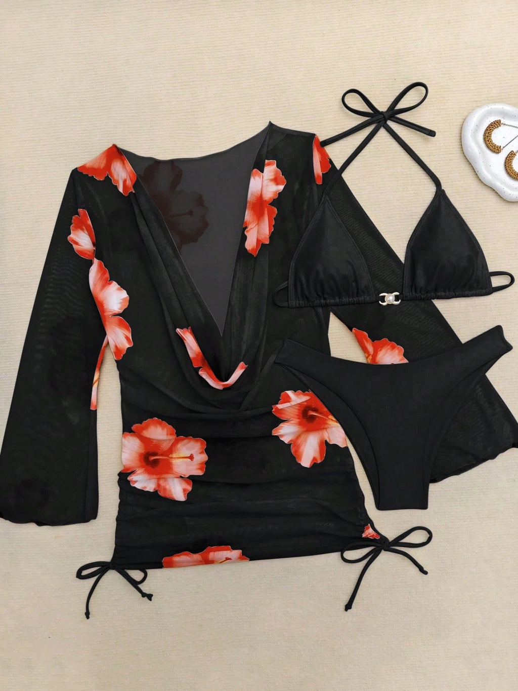 3pcs/Set Vacation Beach Floral Jacquard Bikini Set, New Summer Pearl Button Chiffon Printed Camisole, Bra, - image 6