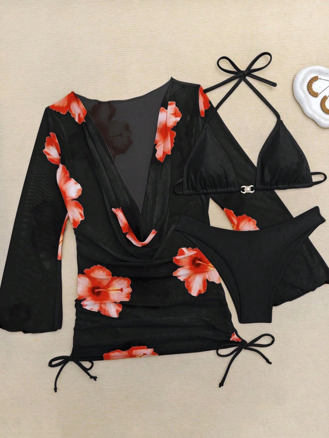 3pcs/Set Vacation Beach Floral Jacquard Bikini Set, New Summer Pearl Button Chiffon Printed Camisole, Bra, - image 6