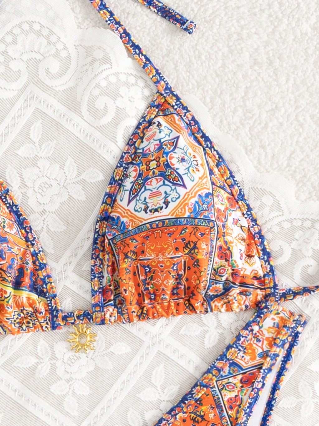 Swim Vcay 2pcs/Set Women Random Print Gold Accessory, Halter Top And