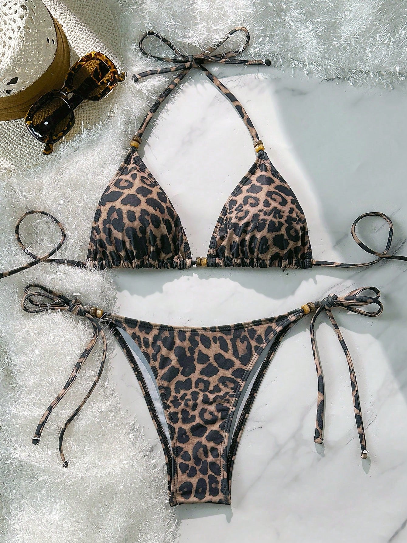 Soleia Women's Leopard Print Contrast Color Tie-Up Beaded Decor