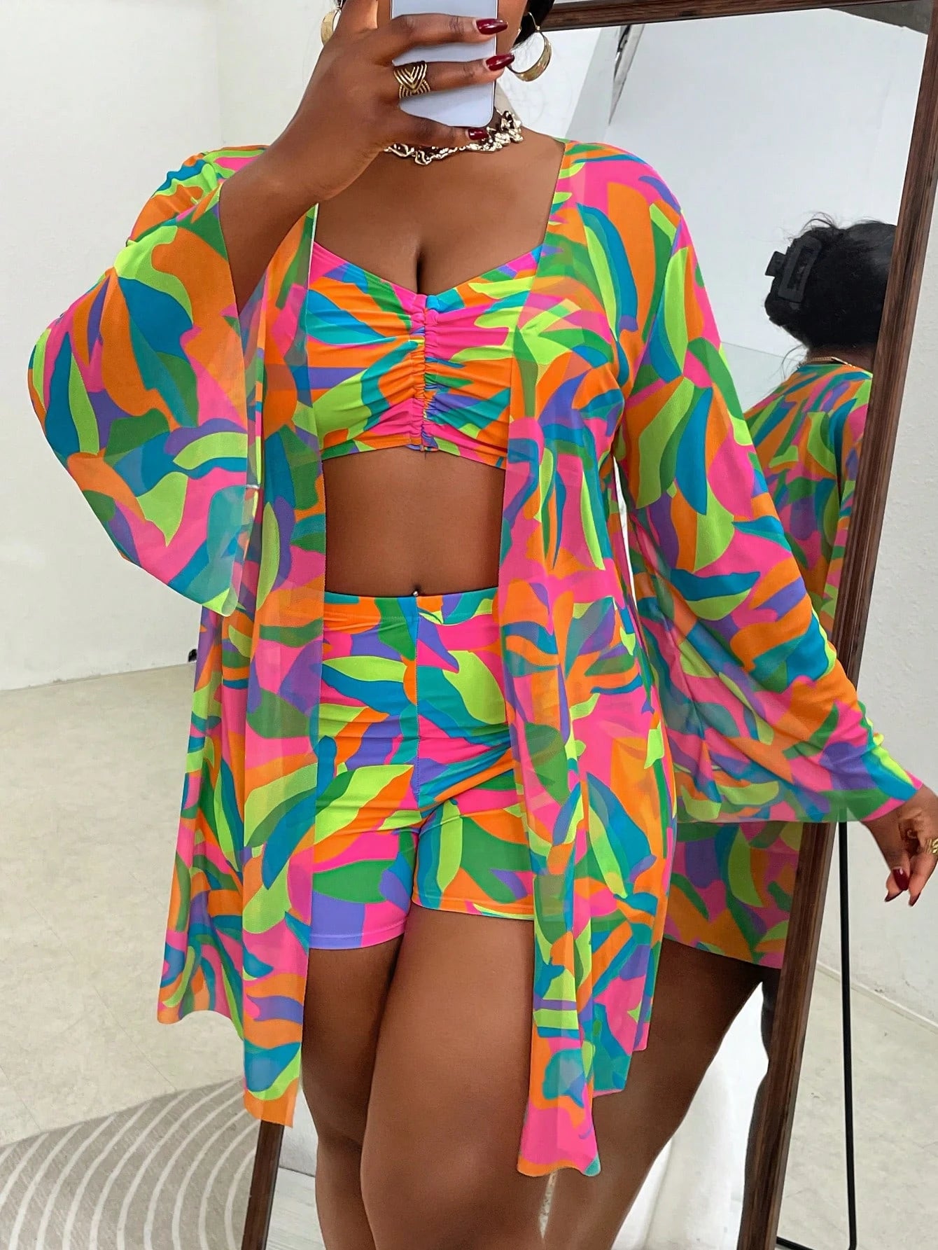 Slaydiva 3pcs Plus Size Swimwear Set, Includes Swimwear, Cover-Up, Random Floral Print, Casual Summer Beach - image 6