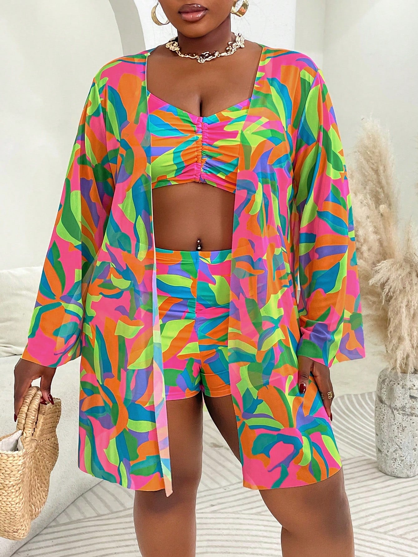 Slaydiva 3pcs Plus Size Swimwear Set, Includes Swimwear, Cover-Up, Random Floral Print, Casual Summer Beach - image 9