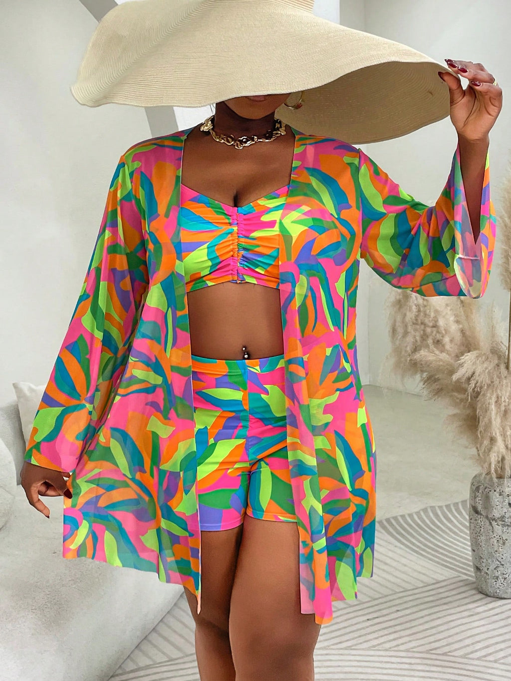 Slaydiva 3pcs Plus Size Swimwear Set, Includes Swimwear, Cover-Up, Random Floral Print, Casual Summer Beach - image 10