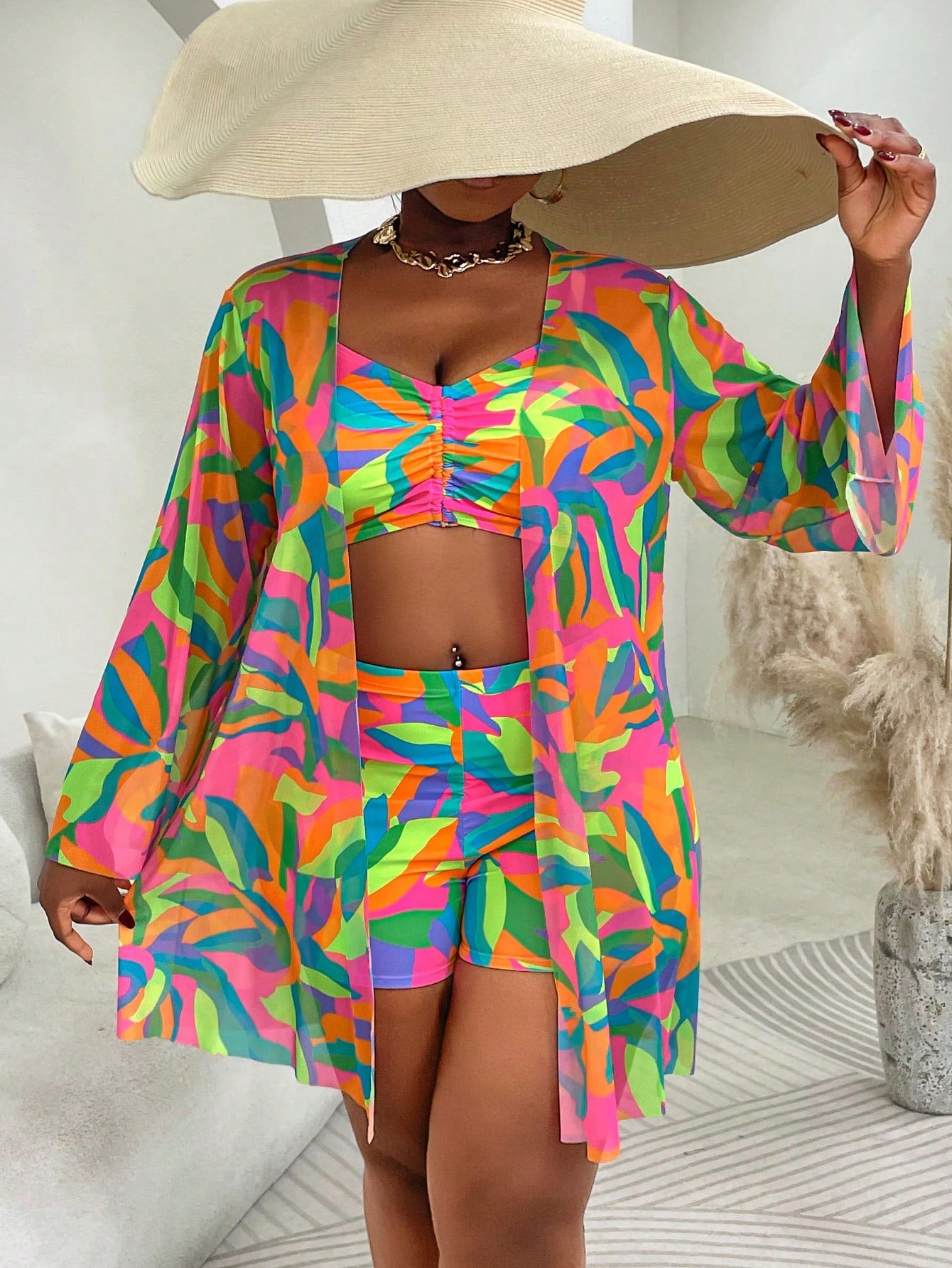 Slaydiva 3pcs Plus Size Swimwear Set, Includes Swimwear, Cover-Up, Random Floral Print, Casual Summer Beach - image 10