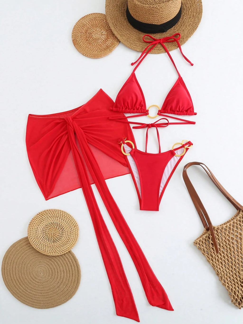 3pcs Women Bikini Swimwear Set, Mesh Mini Beach Skirt Swimwear Cover Up, Wedding Beach Swimwear Vacation - image 2