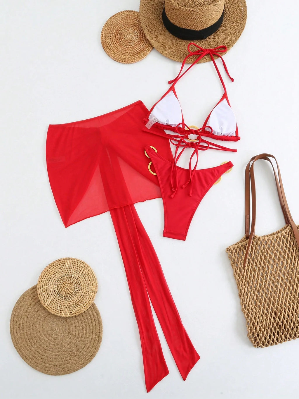 3pcs Women Bikini Swimwear Set, Mesh Mini Beach Skirt Swimwear Cover Up, Wedding Beach Swimwear Vacation - image 3
