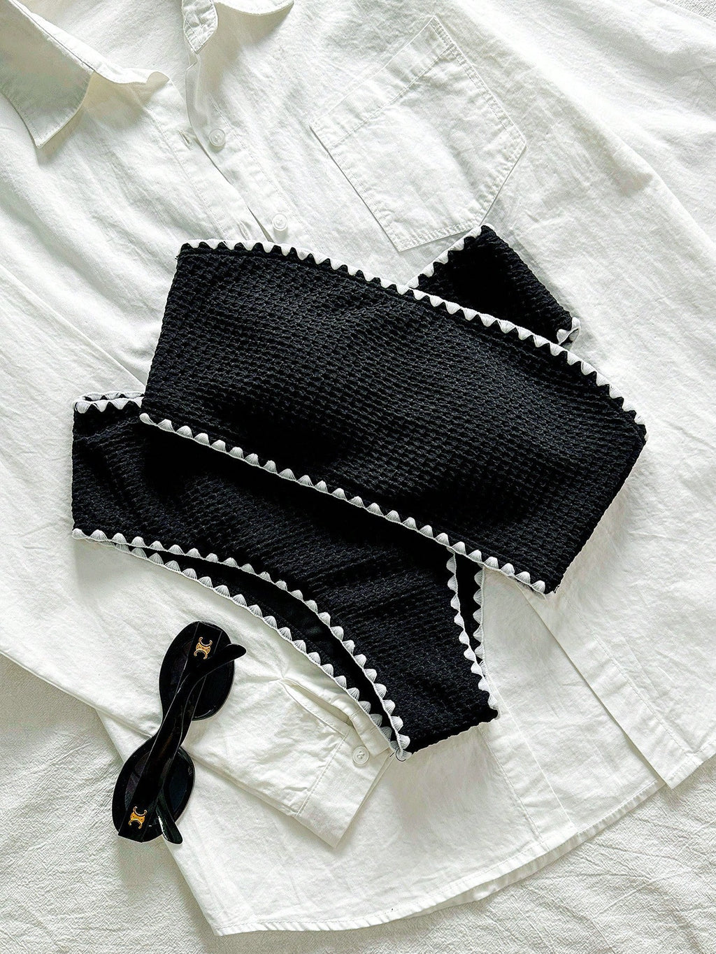 Swim Mod New Textured Fabric Women Summer Holiday Bandeau Teeth Edge Crafted Bik