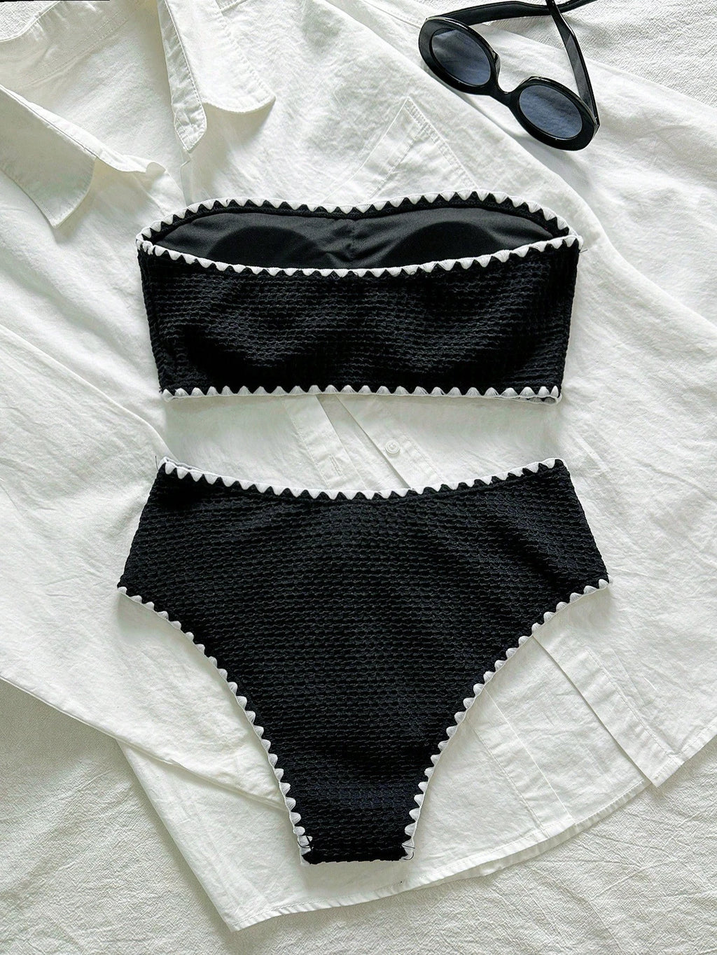 Swim Mod New Textured Fabric Women Summer Holiday Bandeau Teeth Edge Crafted Bik