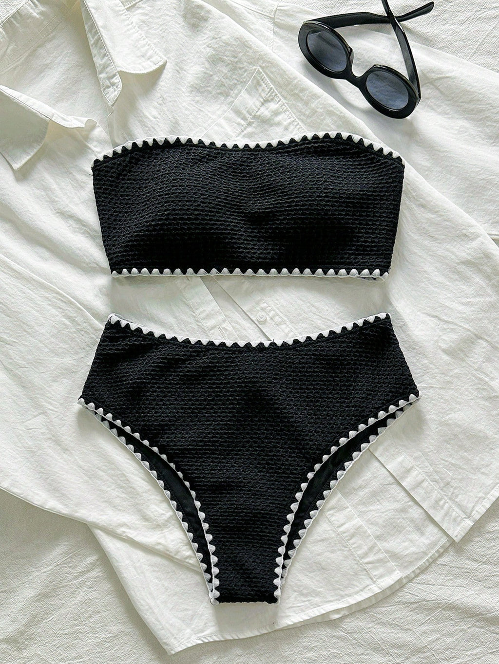 Swim Mod New Textured Fabric Women Summer Holiday Bandeau Teeth Edge Crafted Bik
