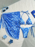 Swim Mod 3pcs/Set Women's Random Print Halter Neck Beach Dress, Tie-Up Retro Holiday Bikini Set, Summer
