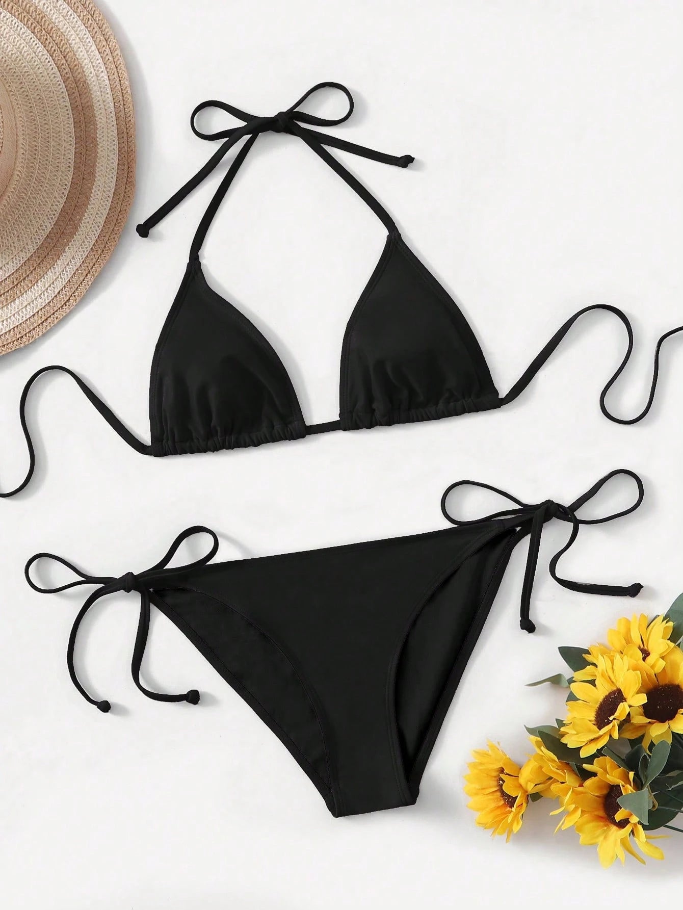 Swim SXY 2pcs 2025 Solid Color Halter Top & Tie Back Bottom Bikini