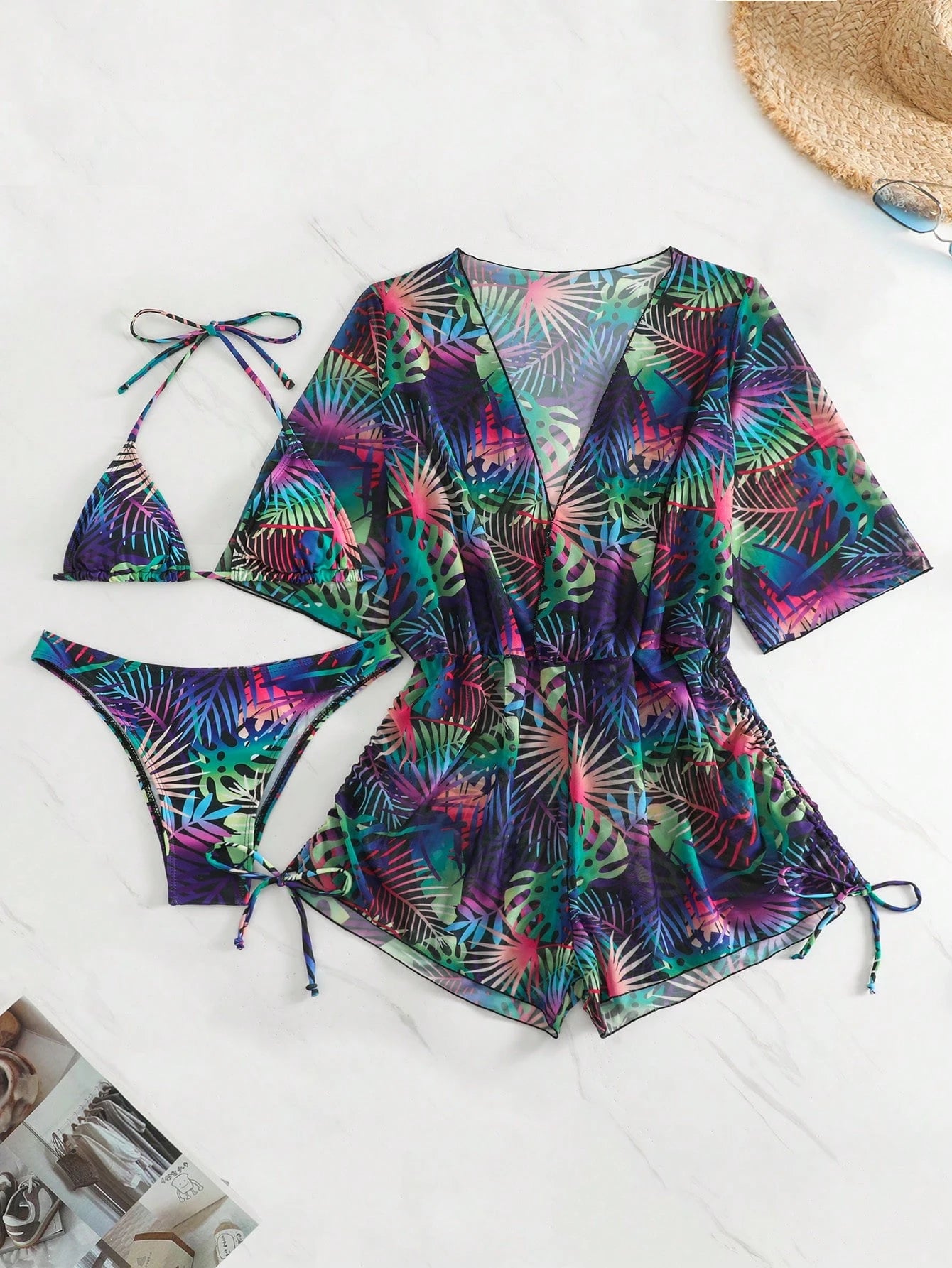 3pcs/Set Women's Tropical Plants Print Halter Tie Bikini Set With Triangle Top & Highwaist Cover-Up Skirt, - image 5