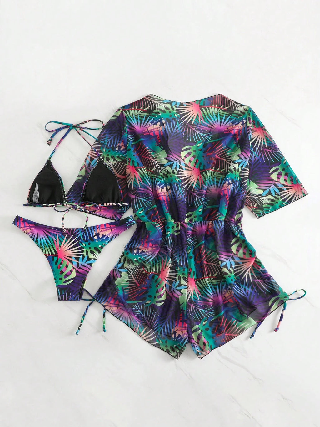 3pcs/Set Women's Tropical Plants Print Halter Tie Bikini Set With