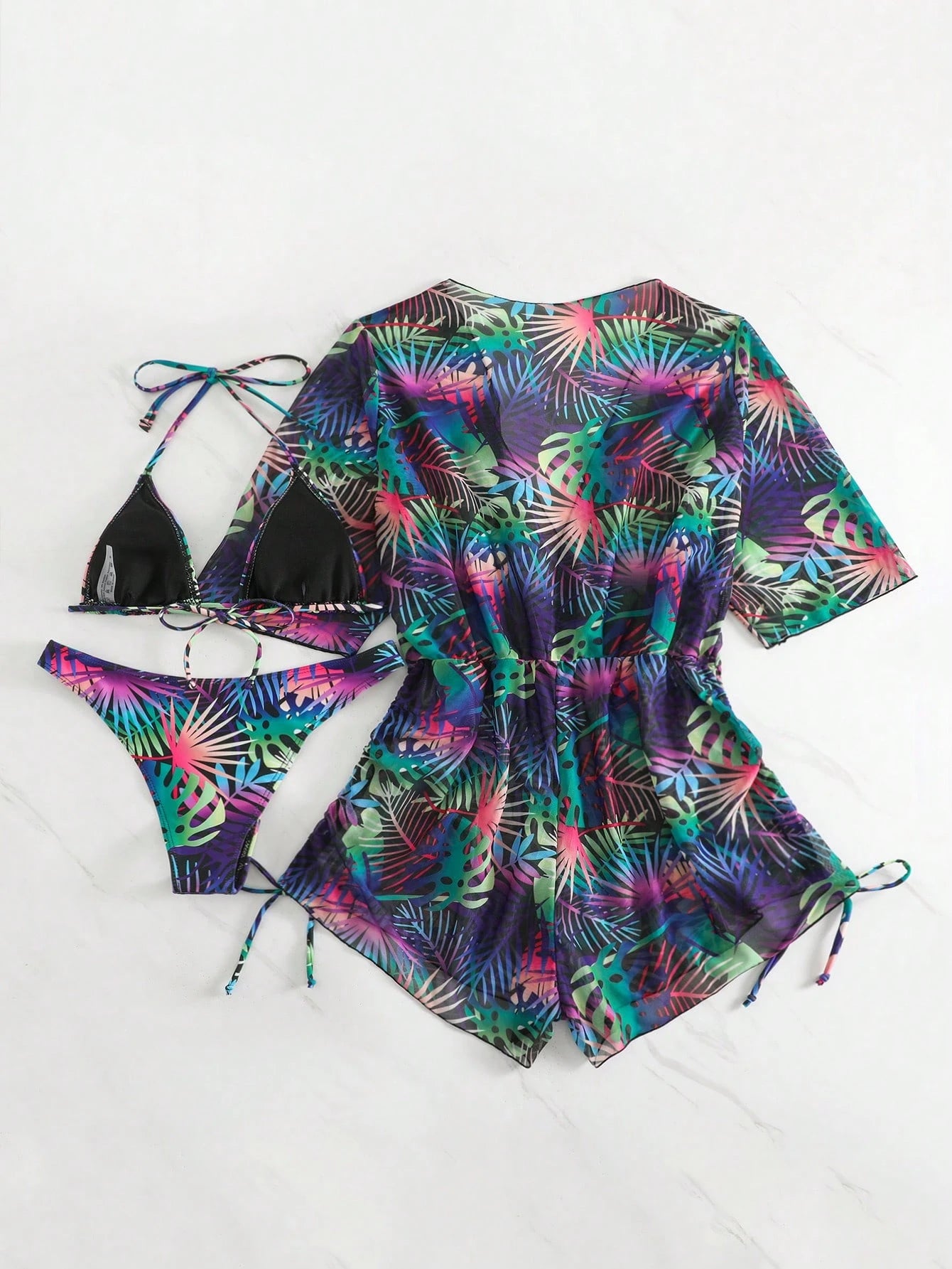 3pcs/Set Women's Tropical Plants Print Halter Tie Bikini Set With