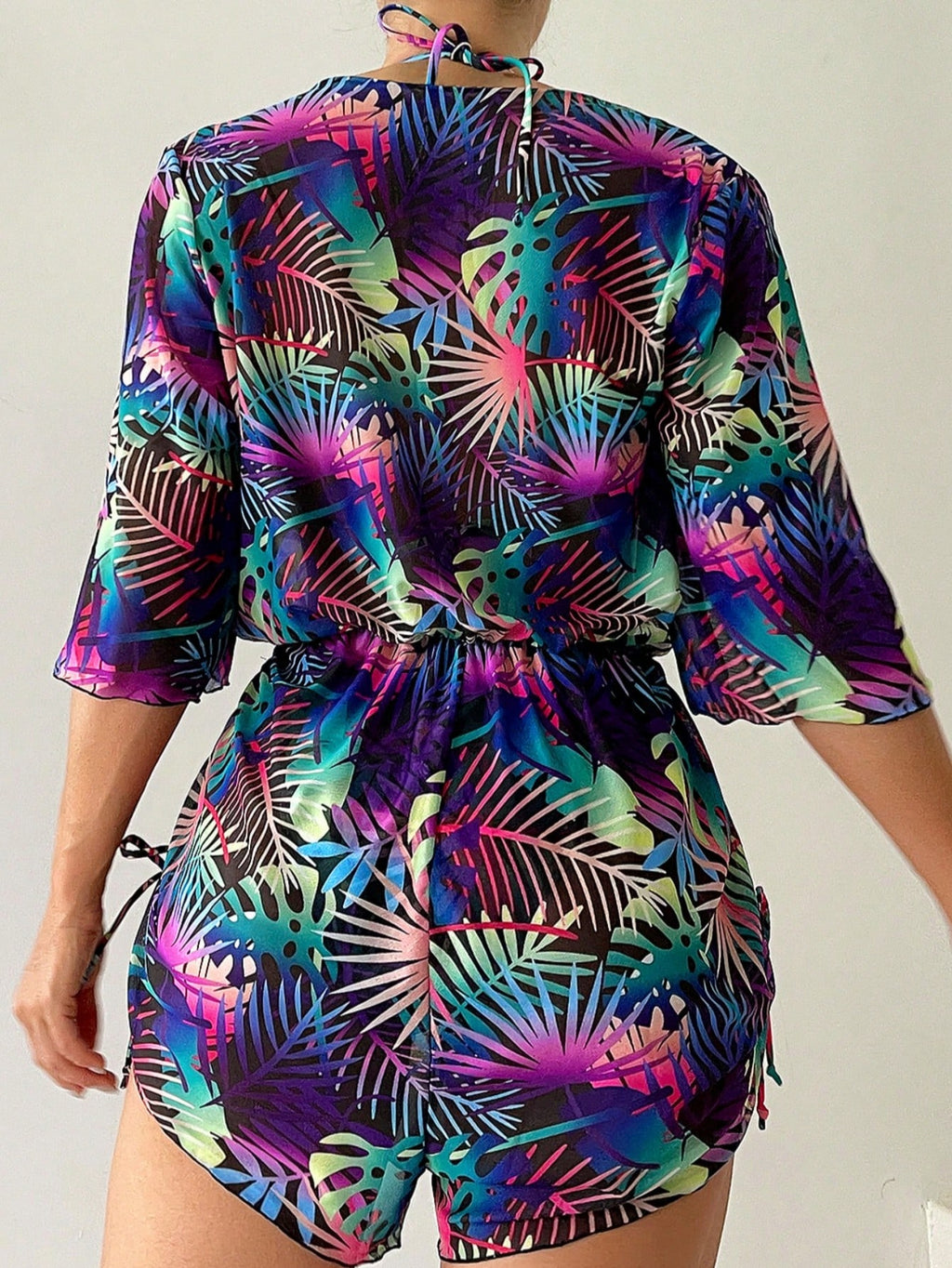3pcs/Set Women's Tropical Plants Print Halter Tie Bikini Set With