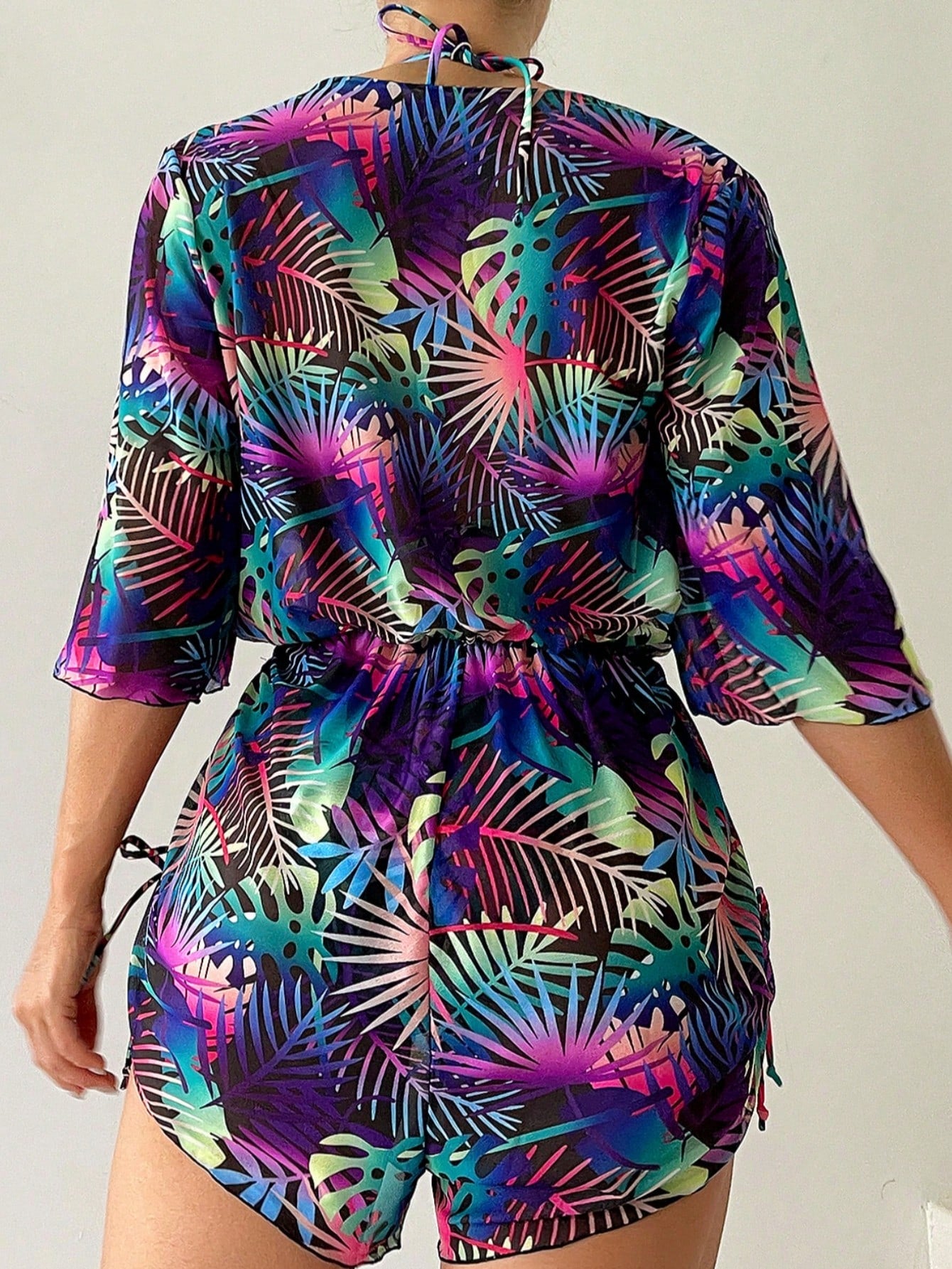 3pcs/Set Women's Tropical Plants Print Halter Tie Bikini Set With