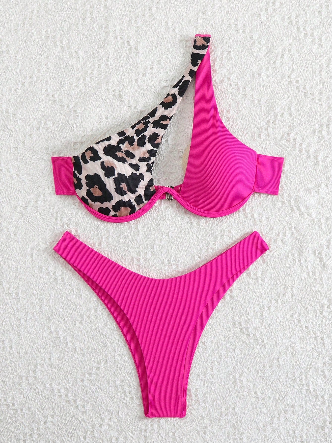 Swim Vcay Women's Rainbow Leopard,Red Colorblock Ribbed Bikini