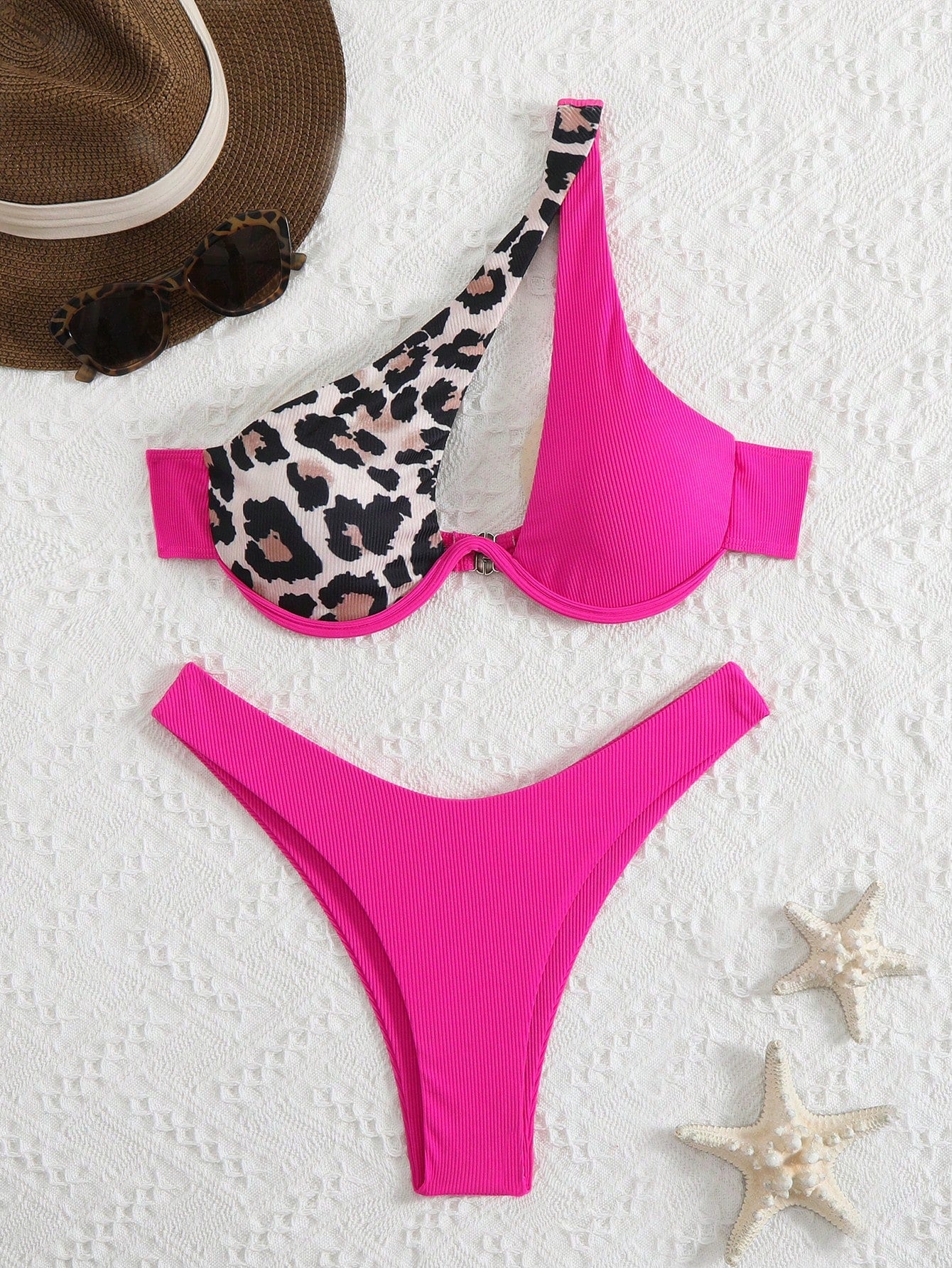 Swim Vcay Women's Rainbow Leopard,Red Colorblock Ribbed Bikini