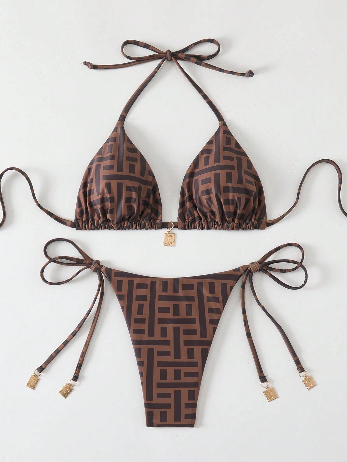 Swim Chiccia Springbreak Women Summer Random Floral Printed Metal Decor Vintage 2pcs Spaghetti Strap Bikini - image 9