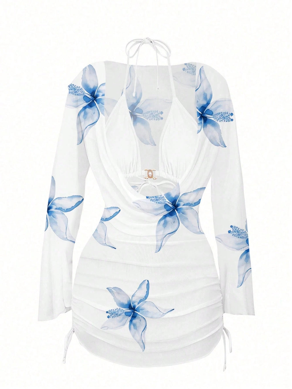 3pcs/Set Vacation Beach Floral Jacquard Bikini Set, New Summer Pearl Button Chiffon Printed Camisole, Bra, - image 16