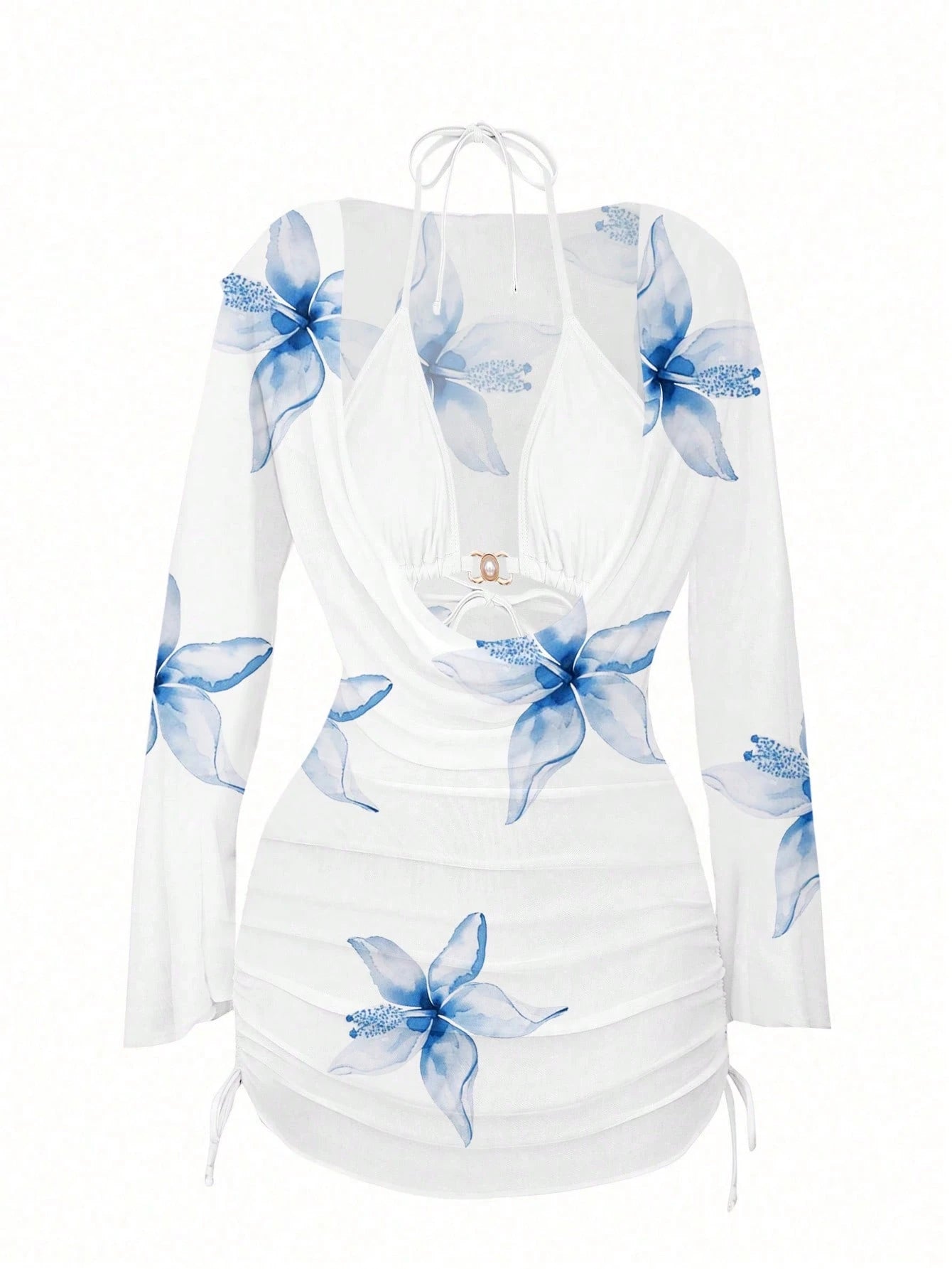 3pcs/Set Vacation Beach Floral Jacquard Bikini Set, New Summer Pearl Button Chiffon Printed Camisole, Bra, - image 16