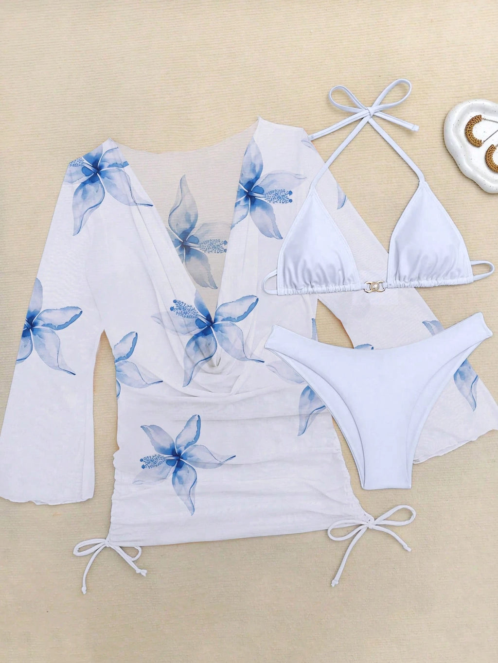 3pcs/Set Vacation Beach Floral Jacquard Bikini Set, New Summer Pearl Button Chiffon Printed Camisole, Bra, - image 17