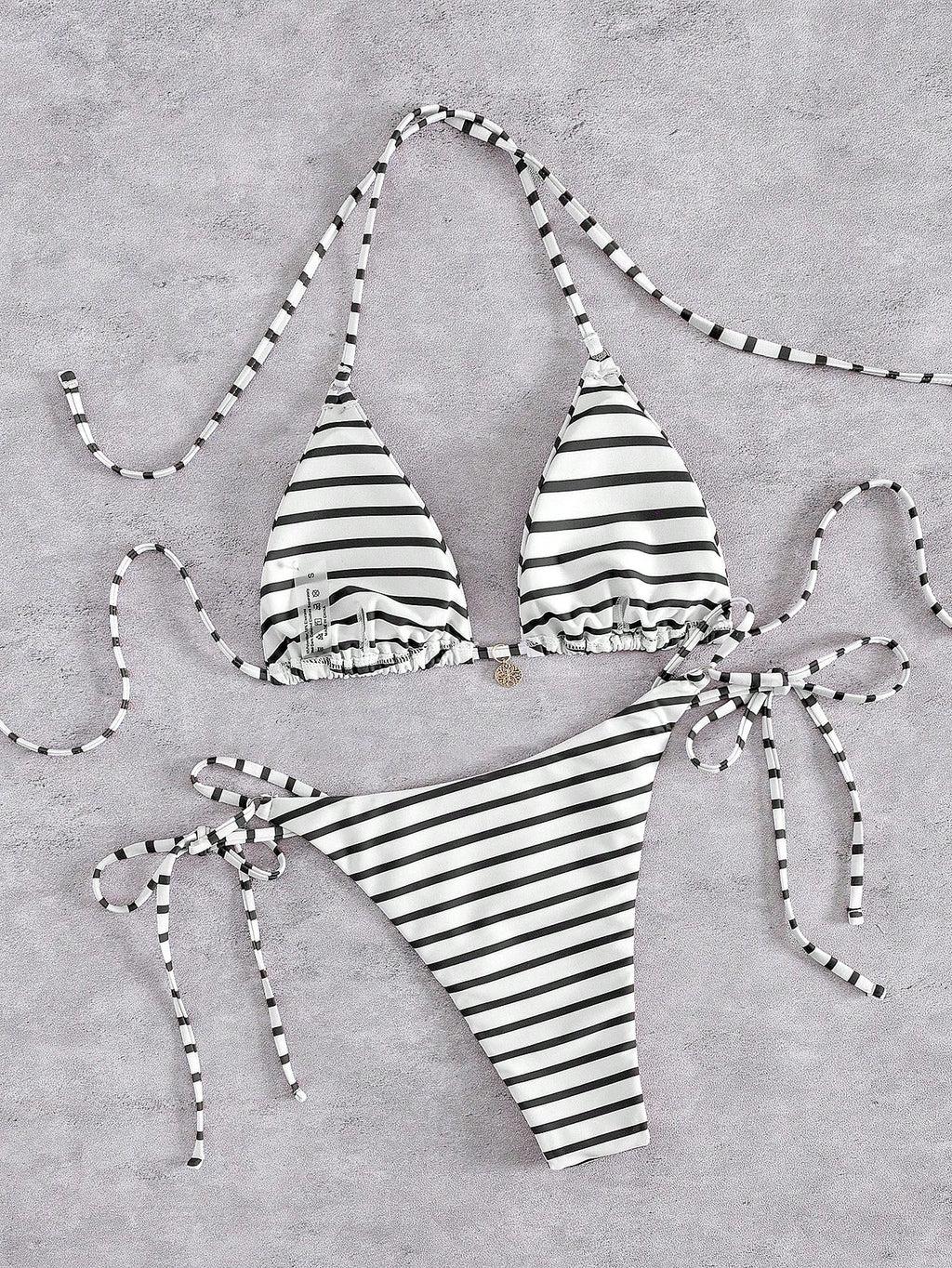 New Striped Triangle Bikini Set With Metal Pendant Decor, Spaghetti Strap Backless Party Beach Swimwear For - image 13