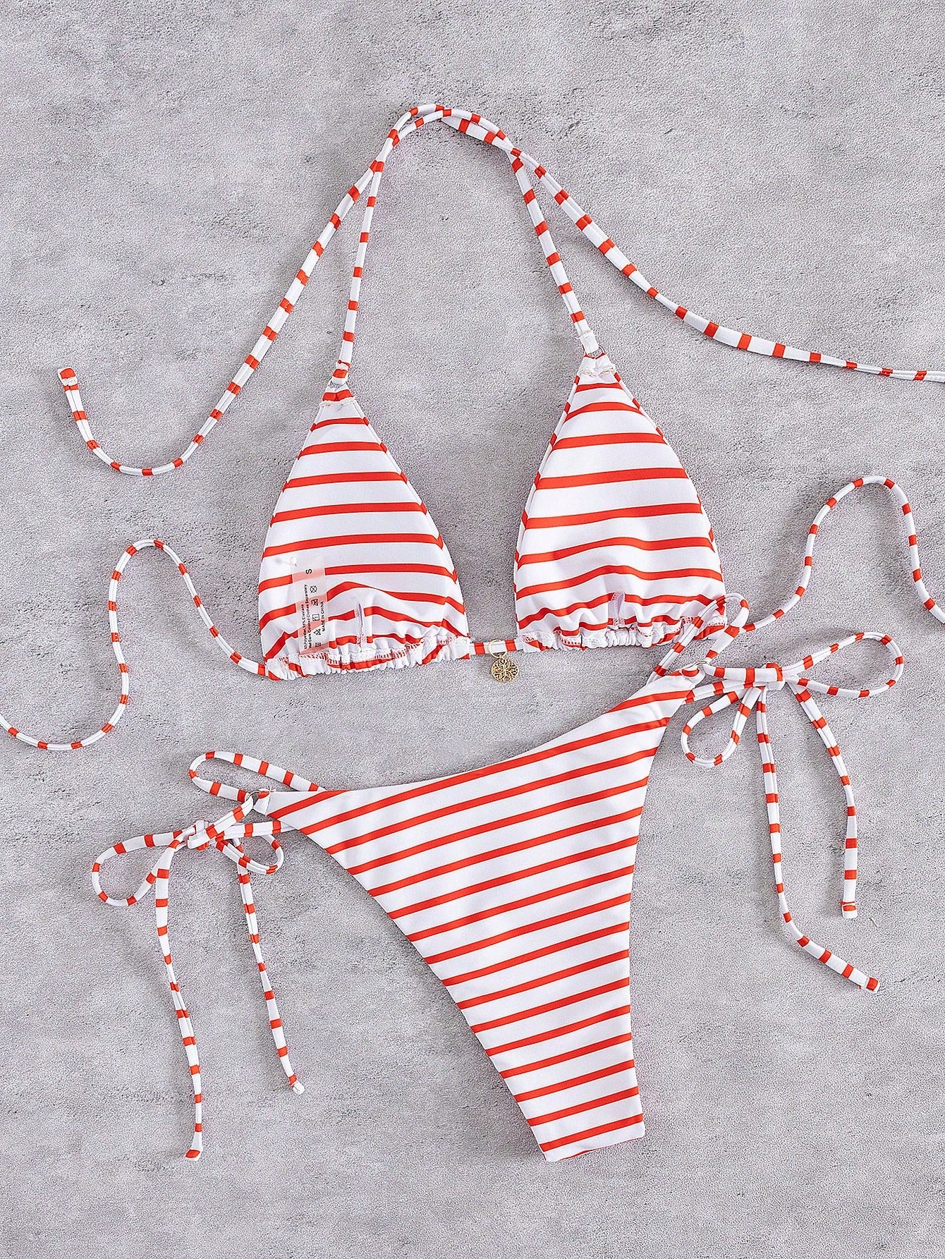 New Striped Triangle Bikini Set With Metal Pendant Decor, Spaghetti Strap Backless Party Beach Swimwear For - image 10