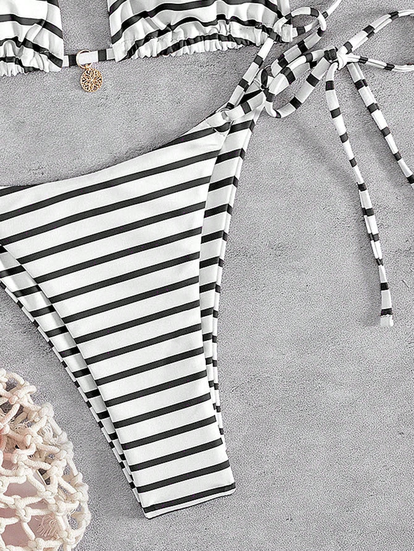 New Striped Triangle Bikini Set With Metal Pendant Decor, Spaghetti Strap Backless Party Beach Swimwear For - image 16