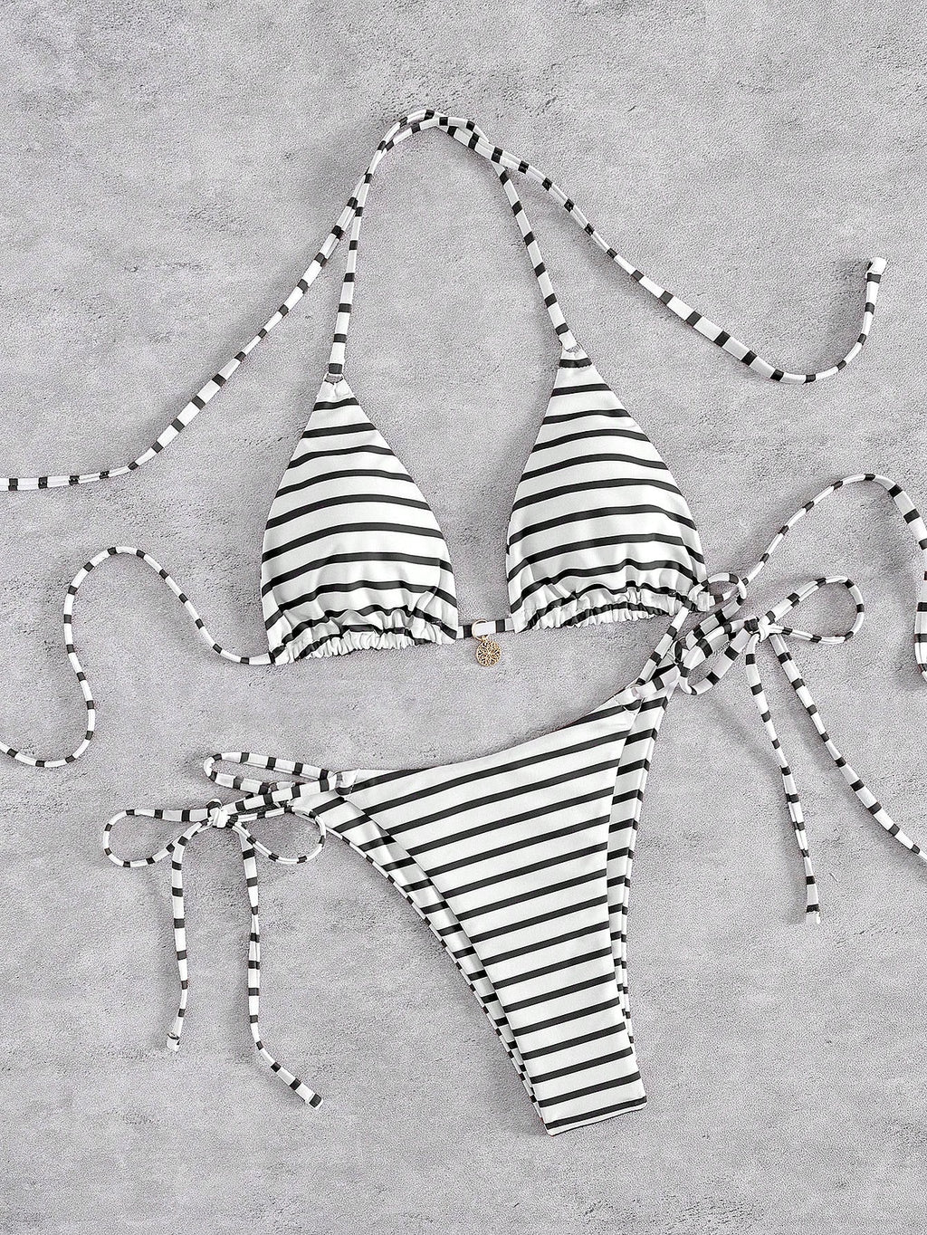New Striped Triangle Bikini Set With Metal Pendant Decor, Spaghetti Strap Backless Party Beach Swimwear For - image 14