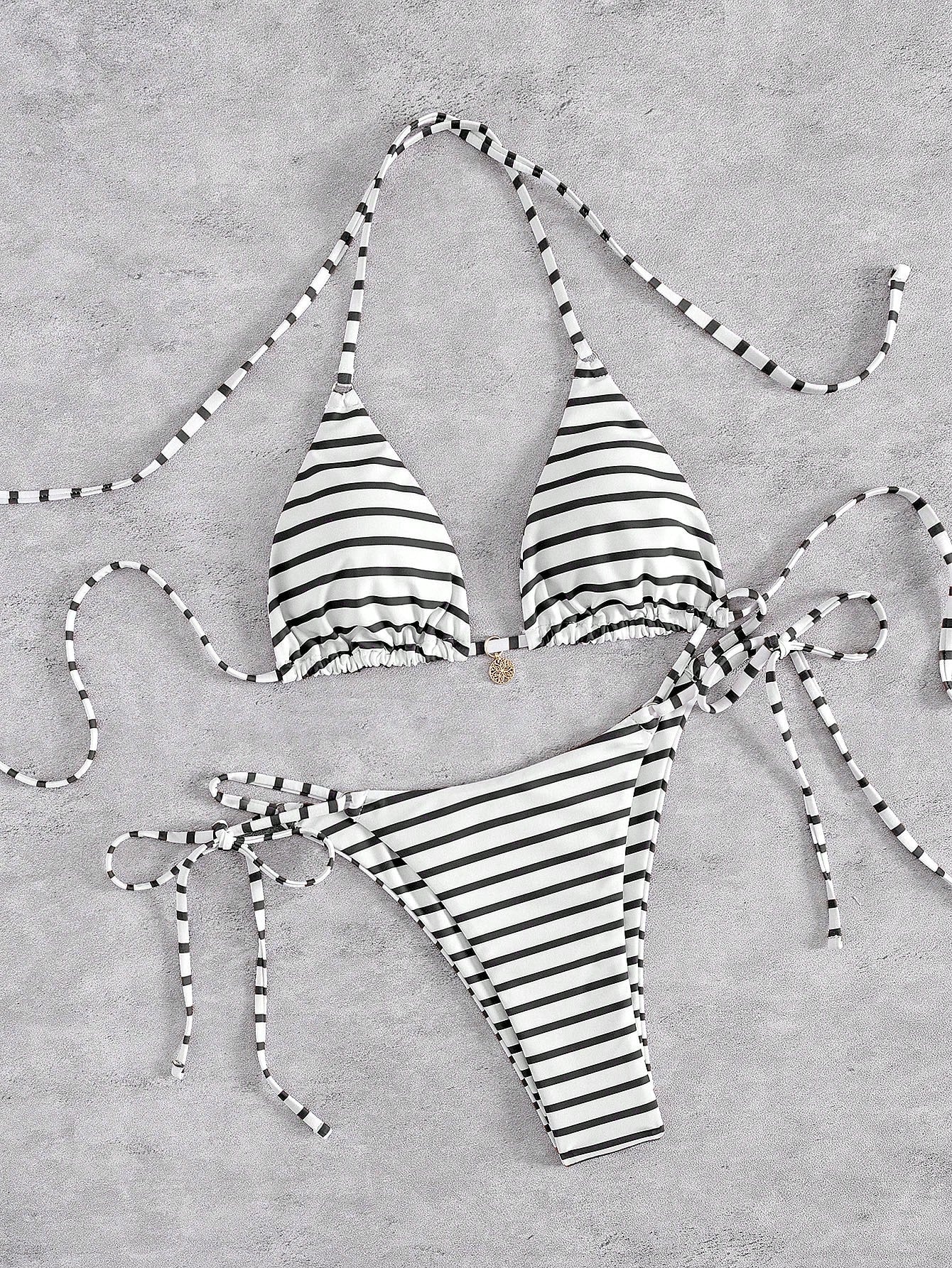New Striped Triangle Bikini Set With Metal Pendant Decor, Spaghetti Strap Backless Party Beach Swimwear For - image 14