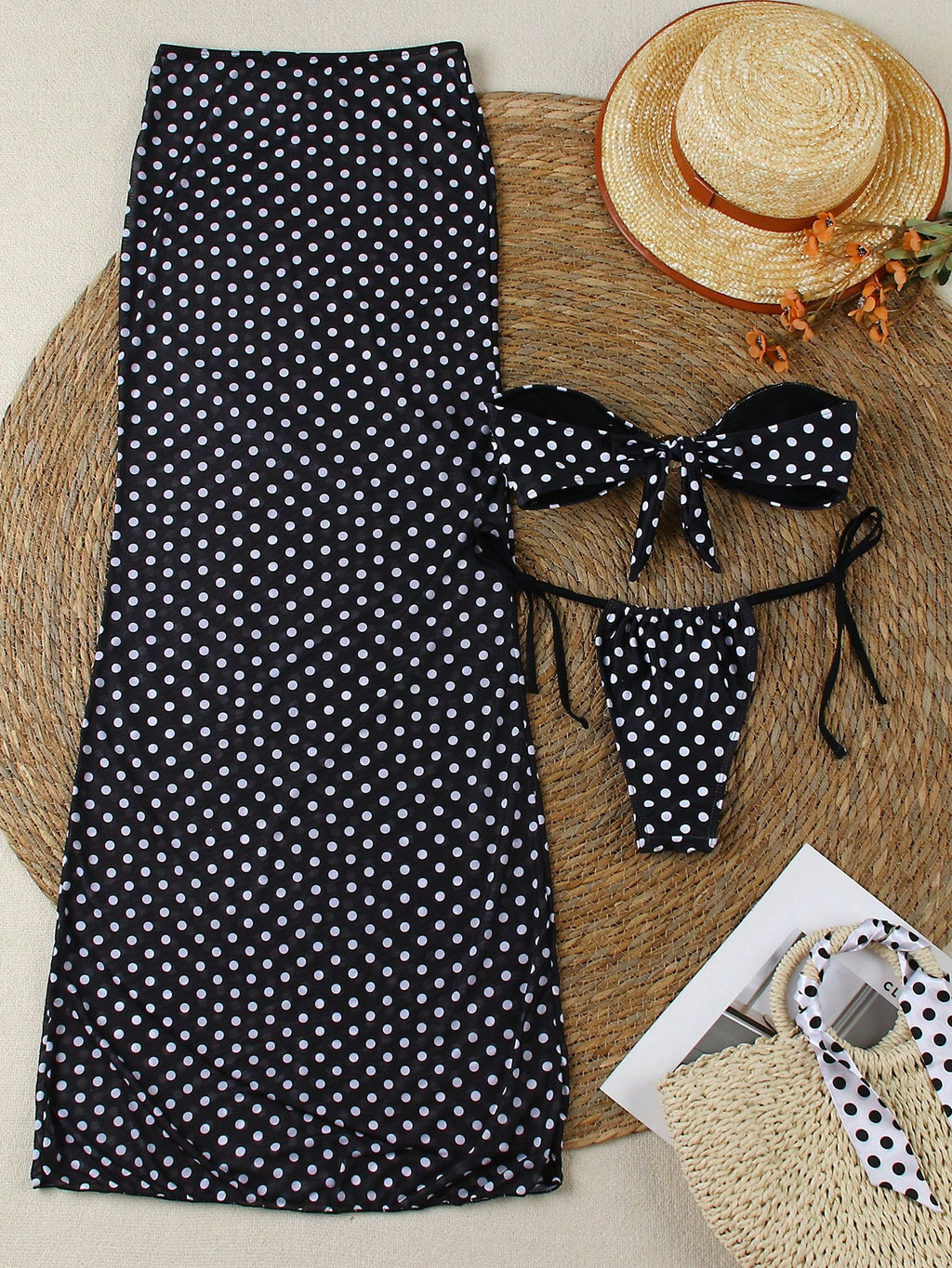3pcs Women's Sexy Polka Dot Print Black And White Bikini Swimsuit