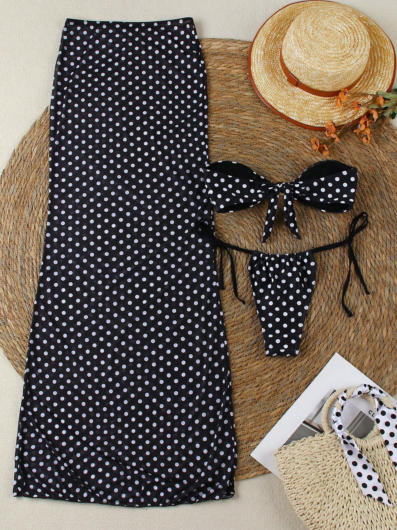 3pcs Women's Sexy Polka Dot Print Black And White Bikini Swimsuit