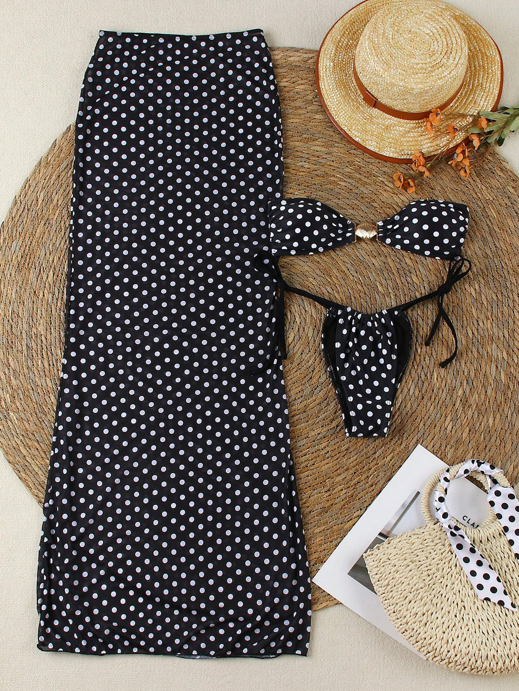 3pcs Women's Sexy Polka Dot Print Black And White Bikini Swimsuit