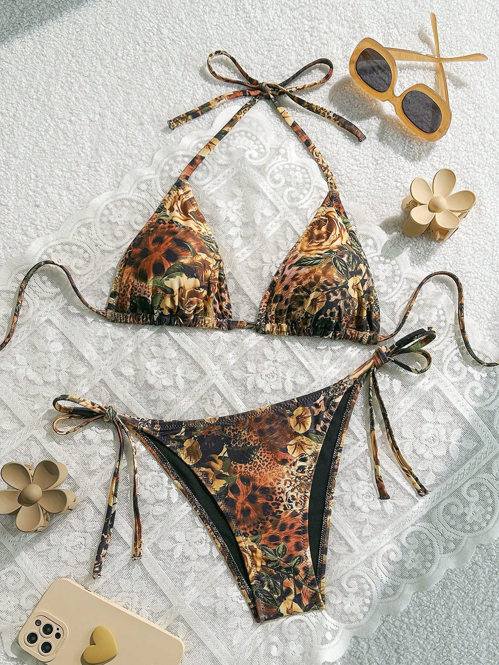 Swim Vcay 2pcs/Set Summer Floral Print Halter Neck Triangle Top &