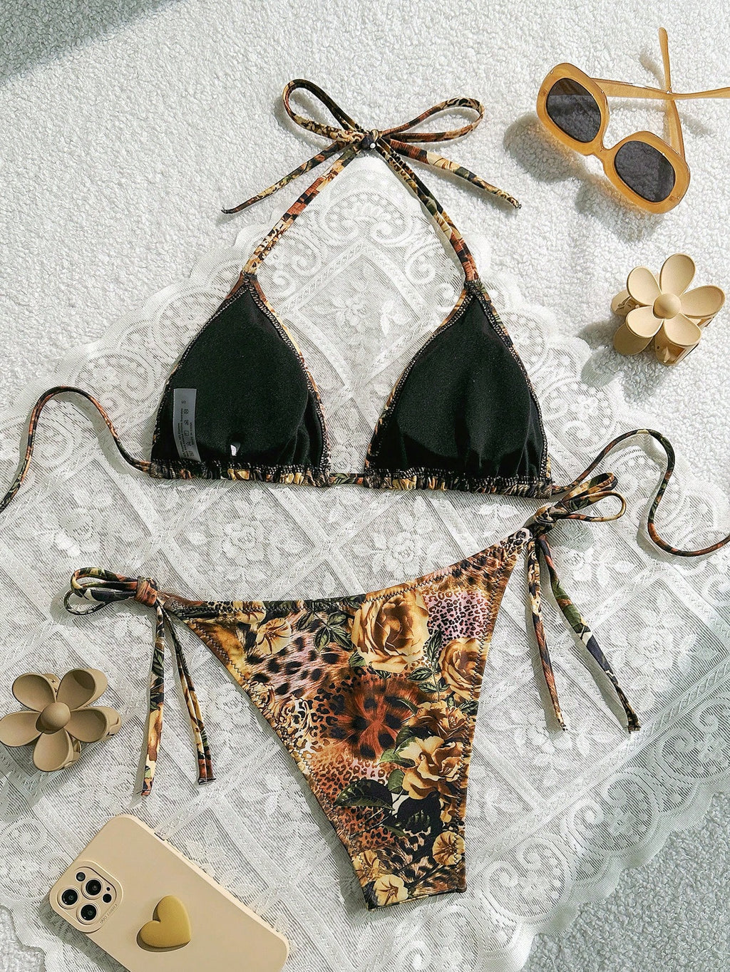 Swim Vcay 2pcs/Set Summer Floral Print Halter Neck Triangle Top &