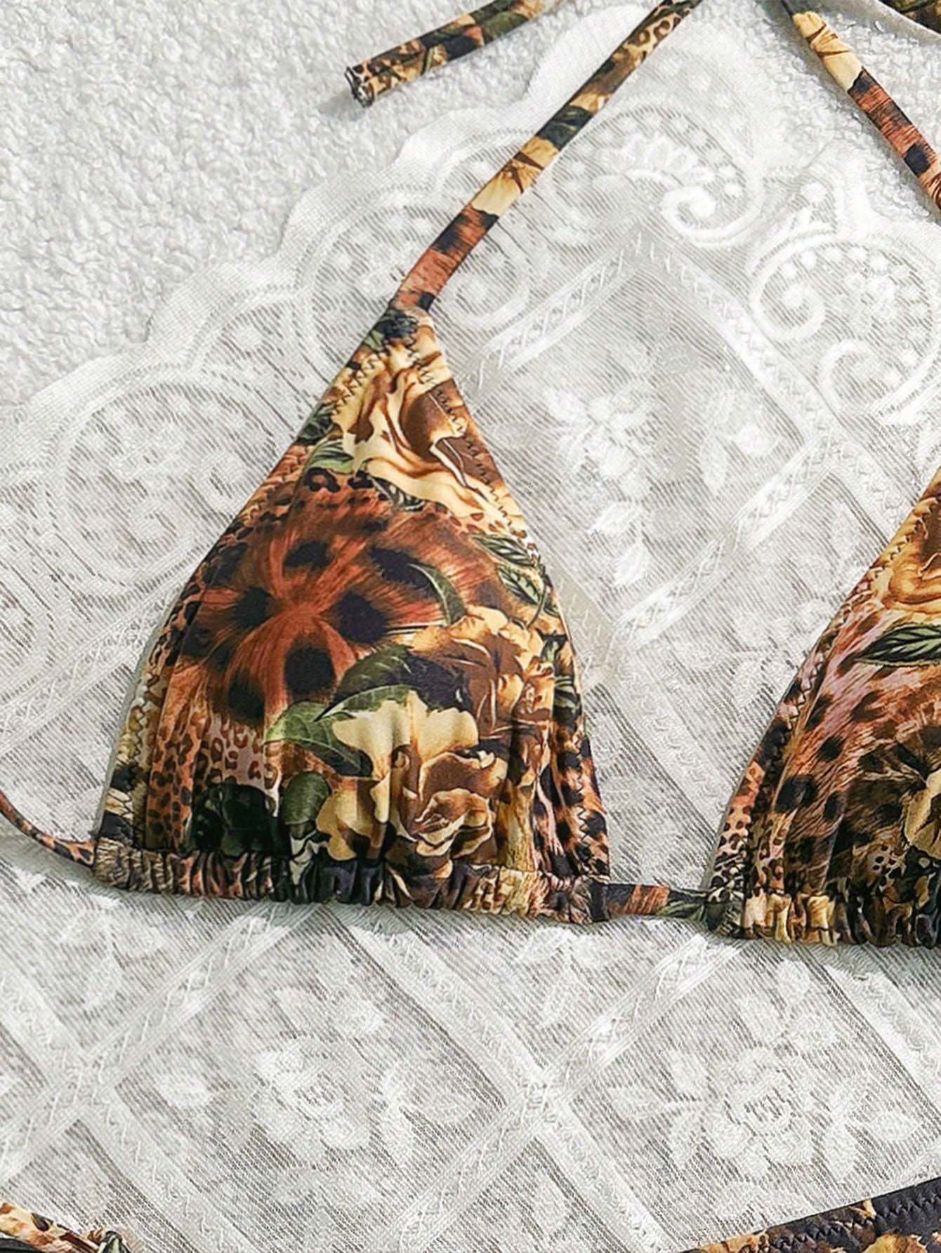 Swim Vcay 2pcs/Set Summer Floral Print Halter Neck Triangle Top & Narrow Side-Tie Sexy Bikini Set - image 3