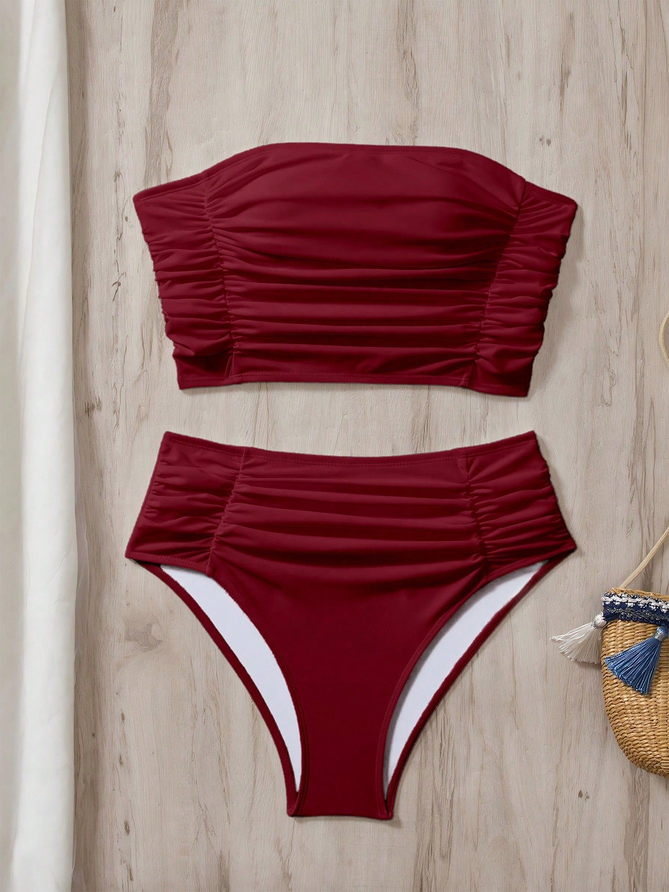 Swim Chiccia Women's Solid Color Bandeau Ruched Bikini Set