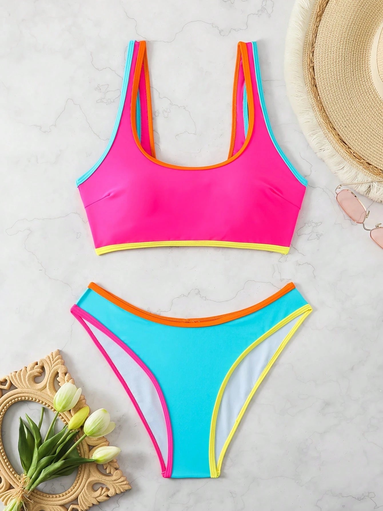 2pcs/Set Women Candy Color Contrast Color Bandeau Bikini Set, Fresh &
