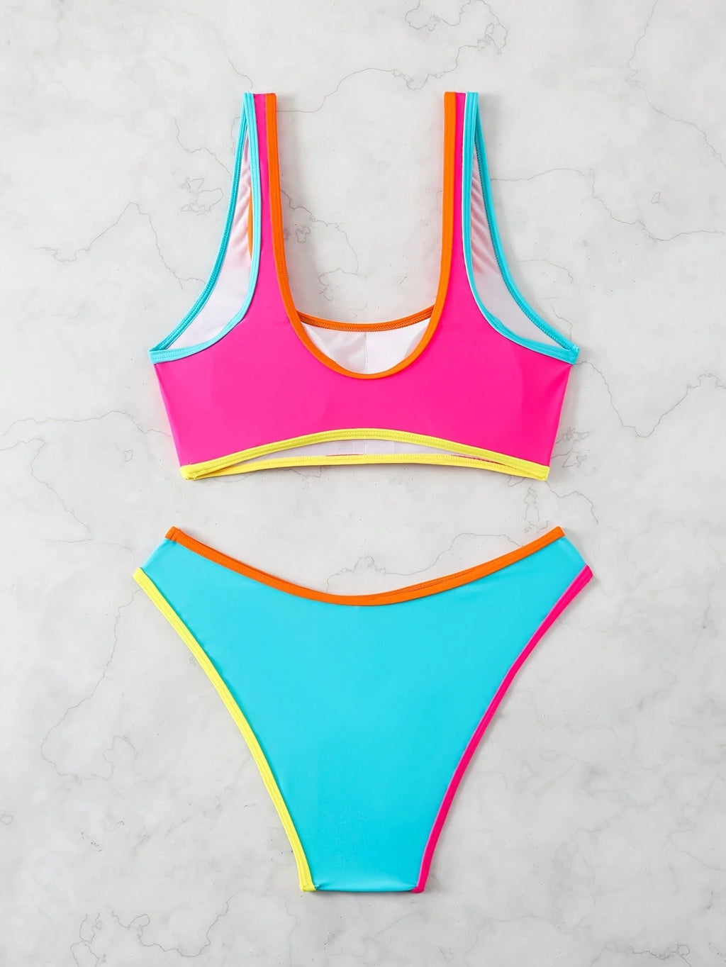 2pcs/Set Women Candy Color Contrast Color Bandeau Bikini Set, Fresh &