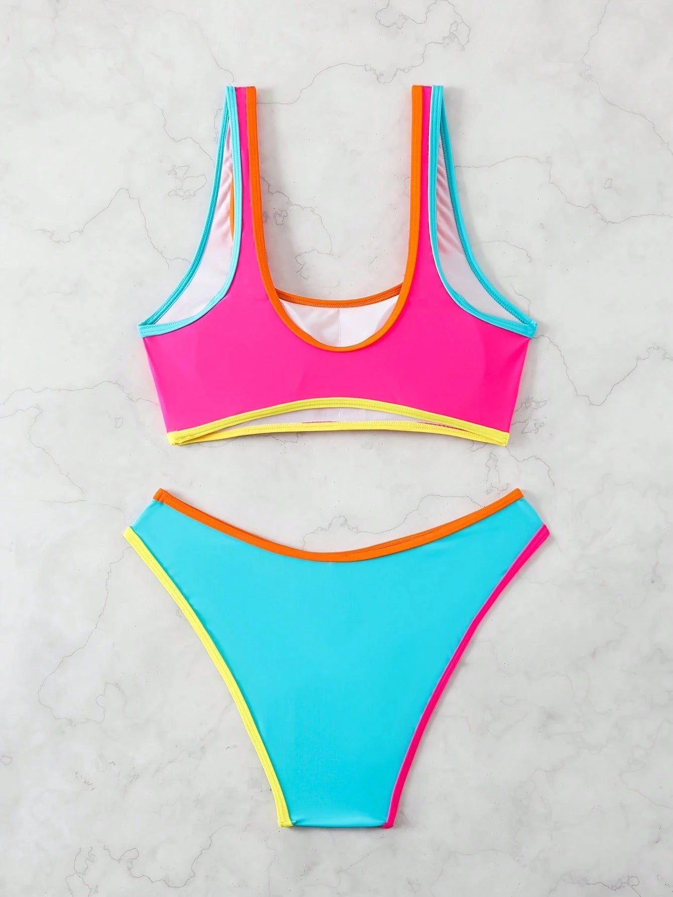 2pcs/Set Women Candy Color Contrast Color Bandeau Bikini Set, Fresh &