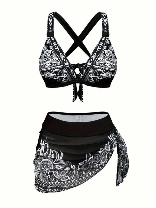 1 Set Women's 3-Piece Bikini Swimwear With Skirt, Sheer Wrap Skirt,