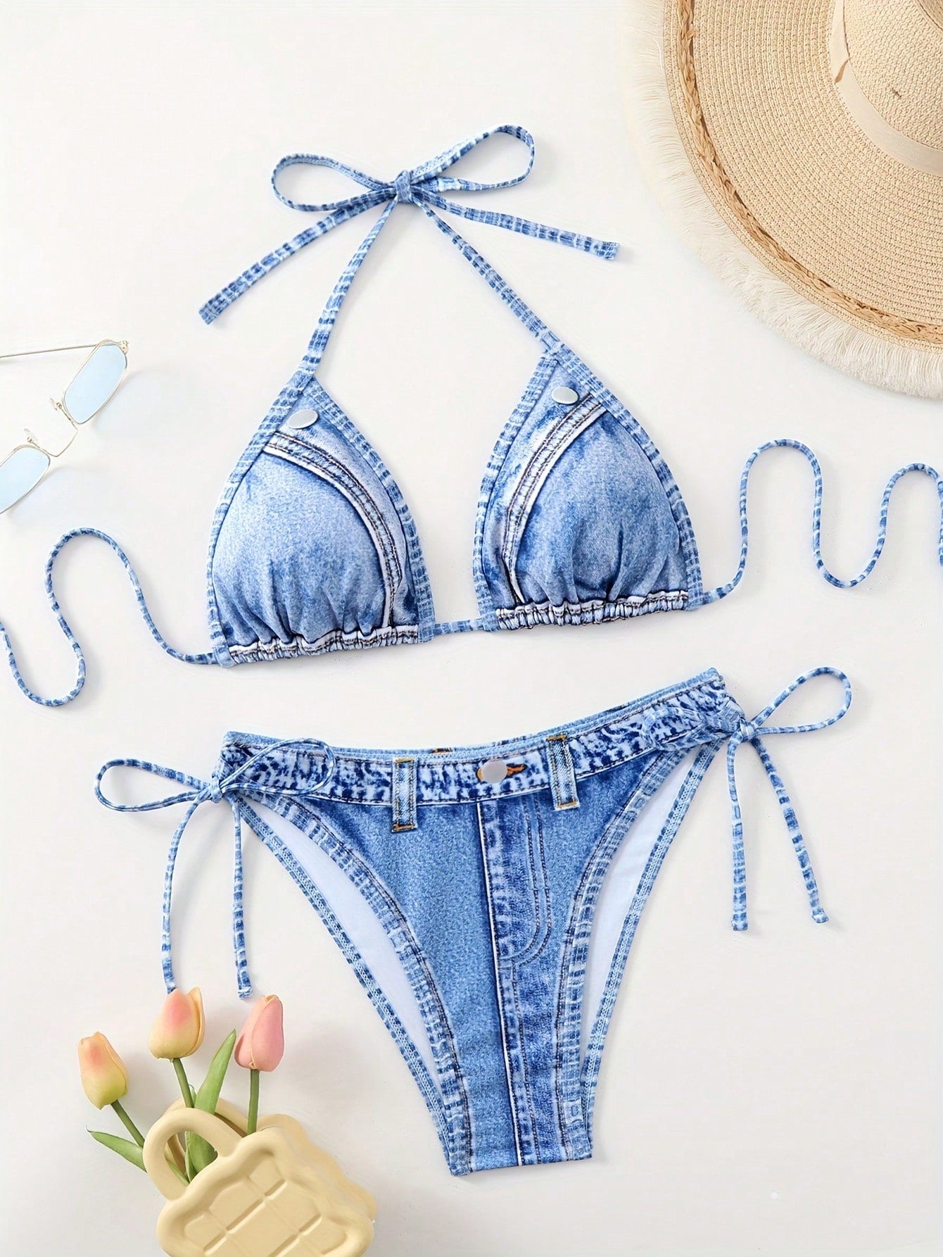 1 Set Women's Denim Effect Halter Tie Bikini Two Pieces Swimwear,