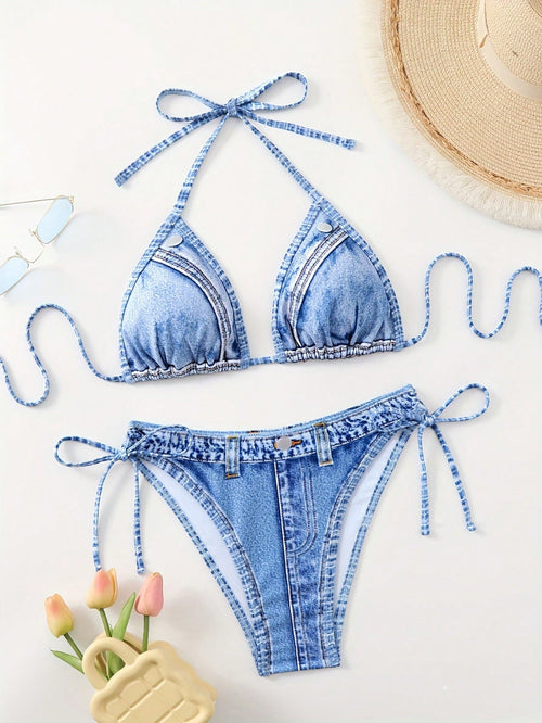 1 Set Women's Denim Effect Halter Tie Bikini Two Pieces Swimwear, Fashionable & Sexy Vacation Beach Summer