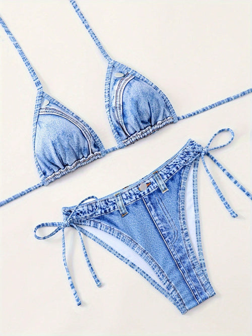 1 Set Women's Denim Effect Halter Tie Bikini Two Pieces Swimwear,