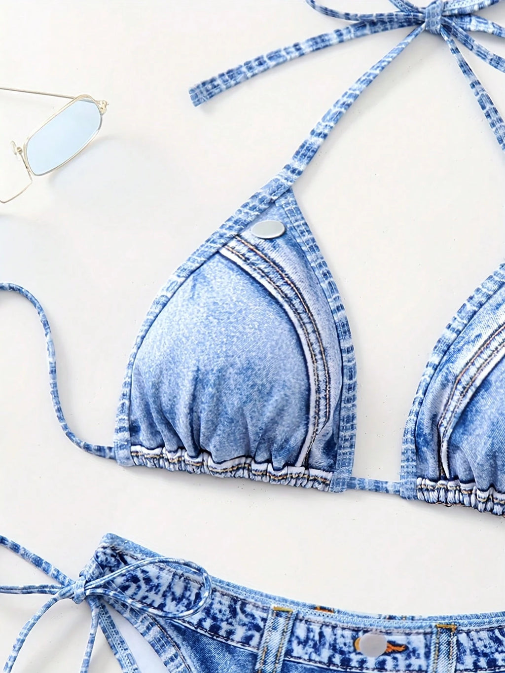 1 Set Women's Denim Effect Halter Tie Bikini Two Pieces Swimwear,