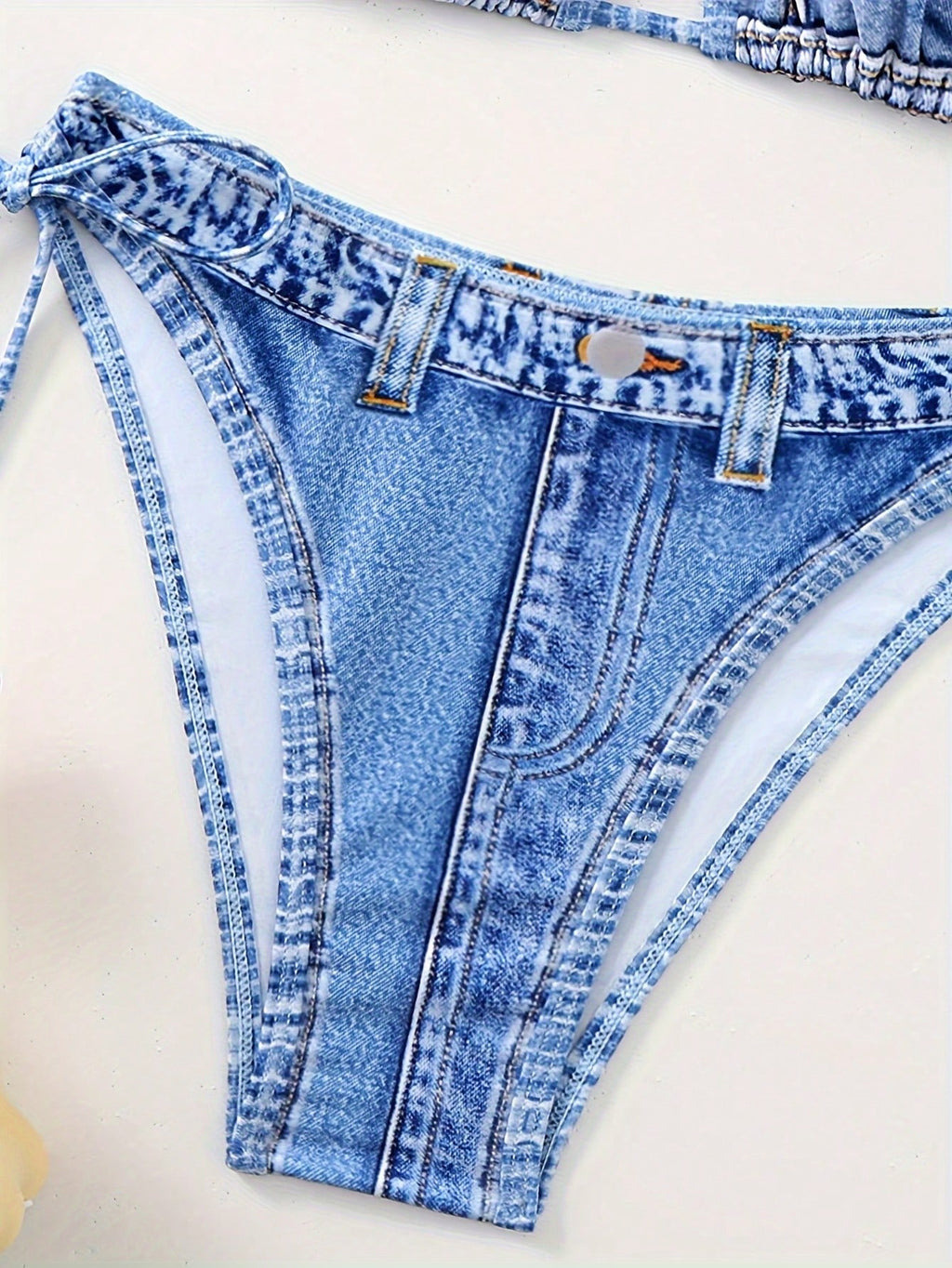 1 Set Women's Denim Effect Halter Tie Bikini Two Pieces Swimwear,